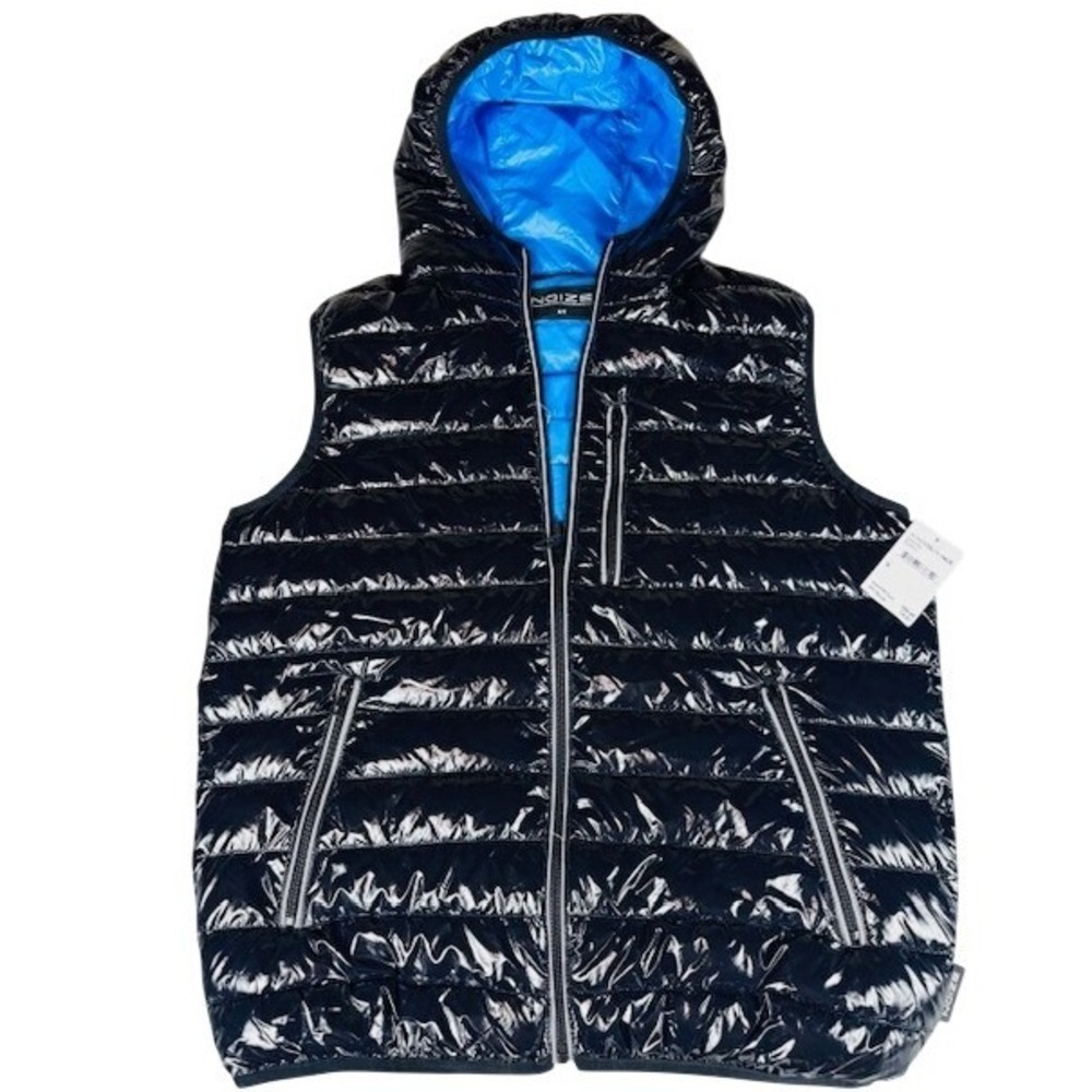 NWT Noize Mens Small Glossy Black Puffer Vest‎ Hooded Blue Lining New With Tags